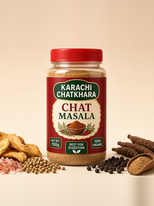 Karachi Chatkhara Chat Masala 100g jar with dried mango, black salt, coriander and peppers