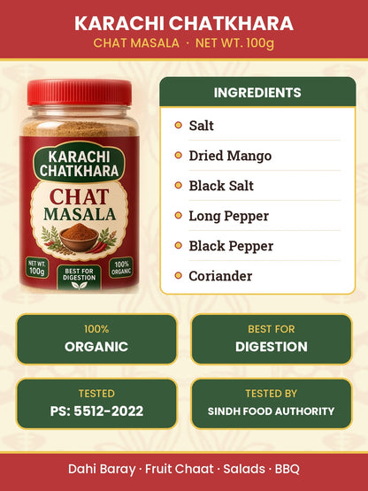 Chat Masala ingredients: salt, dried mango, black salt, long pepper, black pepper, coriander. 100% organic, best for digestion, PS 5512-2022 and Sindh Food Authority tested, net wt 100g