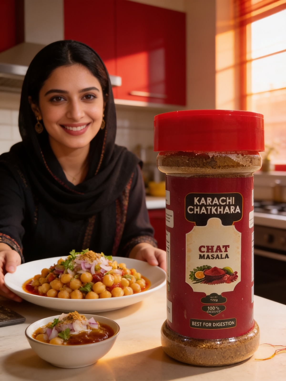 Karachi Chatkhara Chaat Masala jar with chana chaat