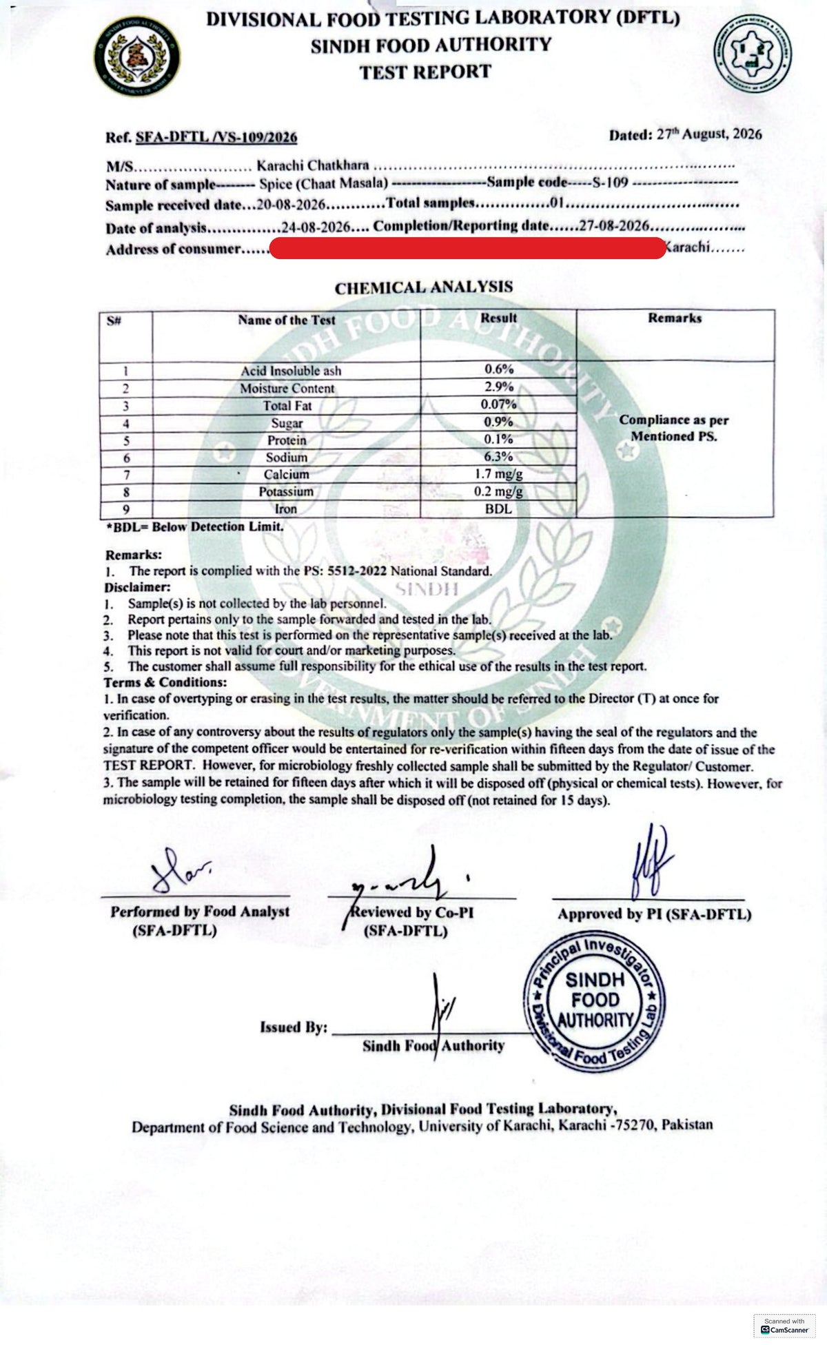 Sindh Food Authority DFTL test report for Karachi Chatkhara Chaat Masala, ref SFA-DFTL/VS-109/2026, 27 Aug 2026